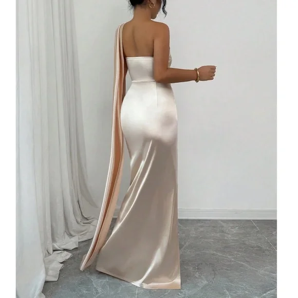 Luxe Satin One Shoulder Ruched Split Thigh Fitted Drape Party Floral Evening Wed - Picture 5 of 6